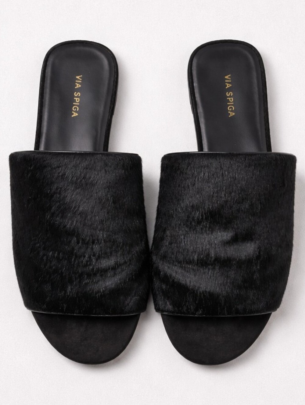 Via Spiga Black Calf Hair Slide Sandals Size 7.5 Luxe Minimalist Flats